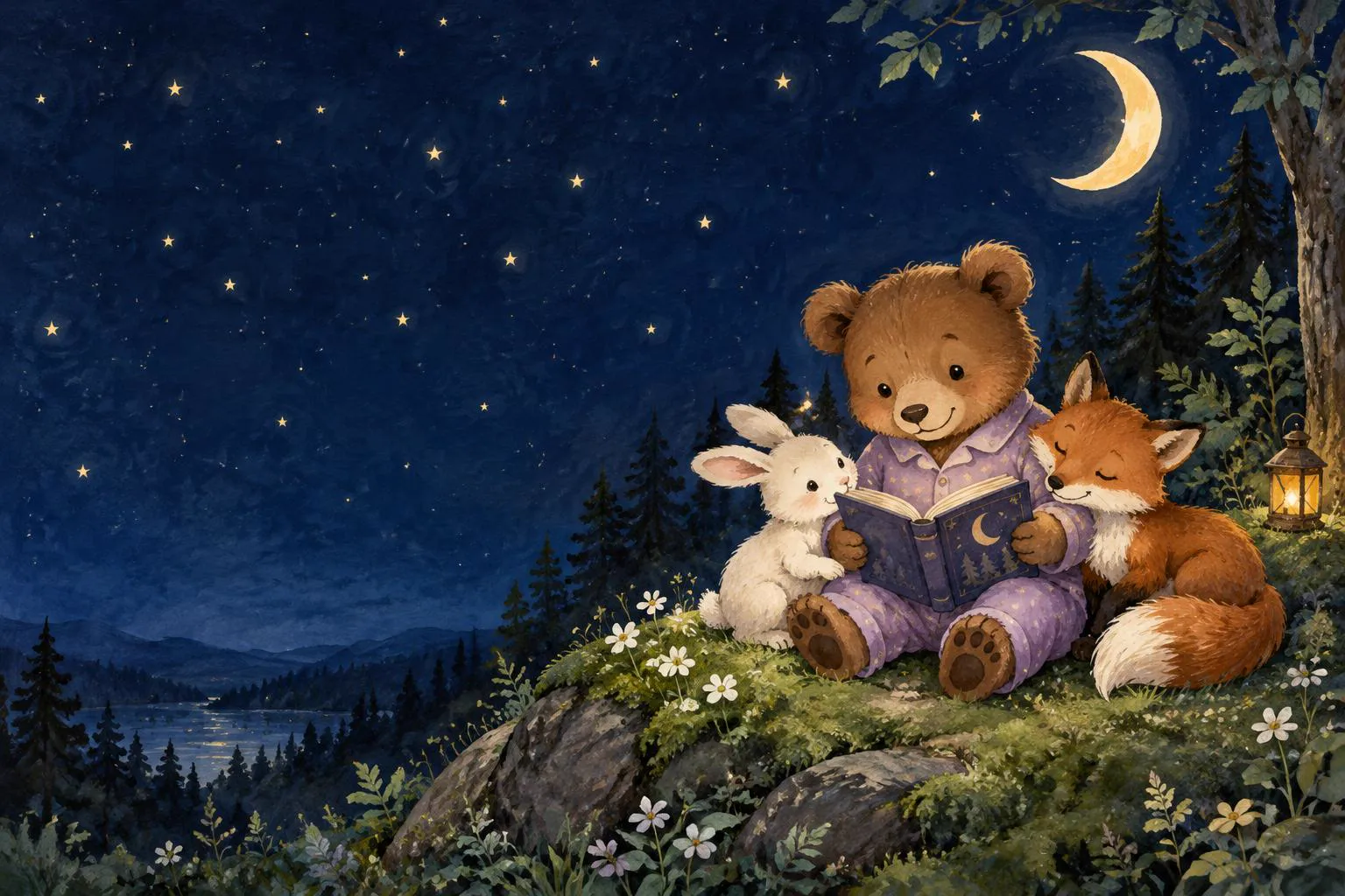 Theo, o ursinho, Luna, a coelhinha, e Nico, a raposinha, lendo juntos sob a lua
